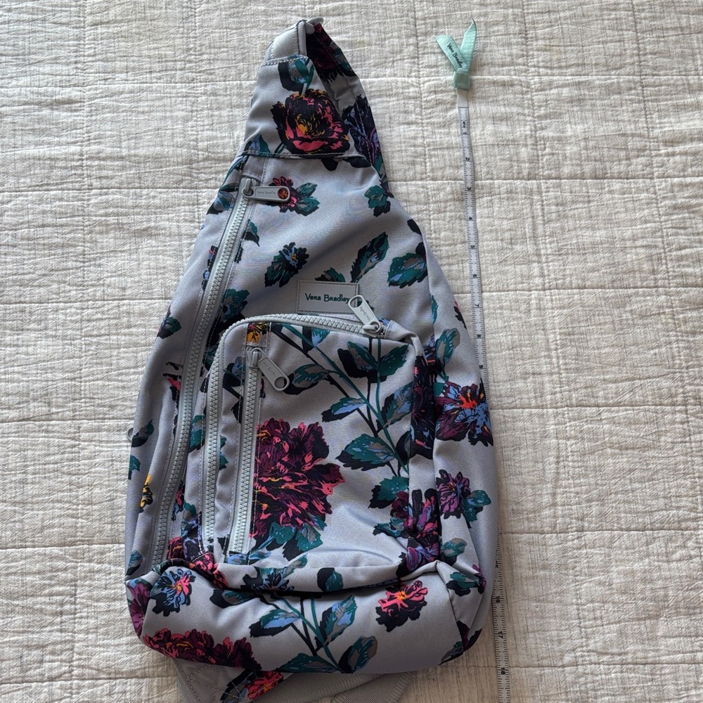 Vera Bradley Floral Sling Backpack, Light Blue Background, Pink & Teal Blooms - Picture 2 of 10